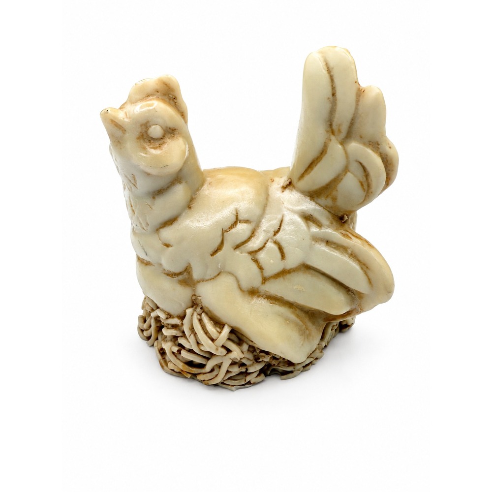 Vintage Carved Faux Ivory Resin Hen Chicken on Nest Figurine 3x3 Miniature